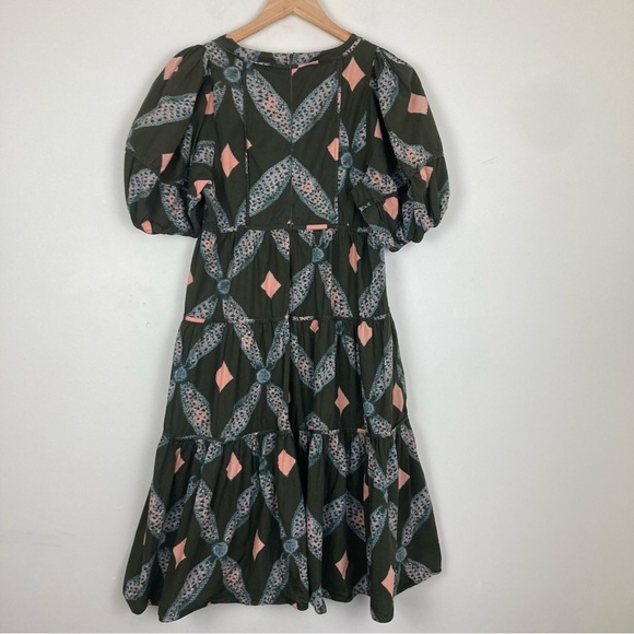 Ulla Johnson army green boho pint tiered knee/midi length dress. Size 6 - Picture 8 of 9